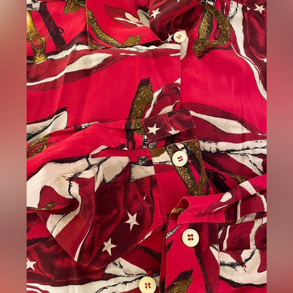 Jones New York Red Silk Blouse with White and Brown Prints - Picture 4 of 5